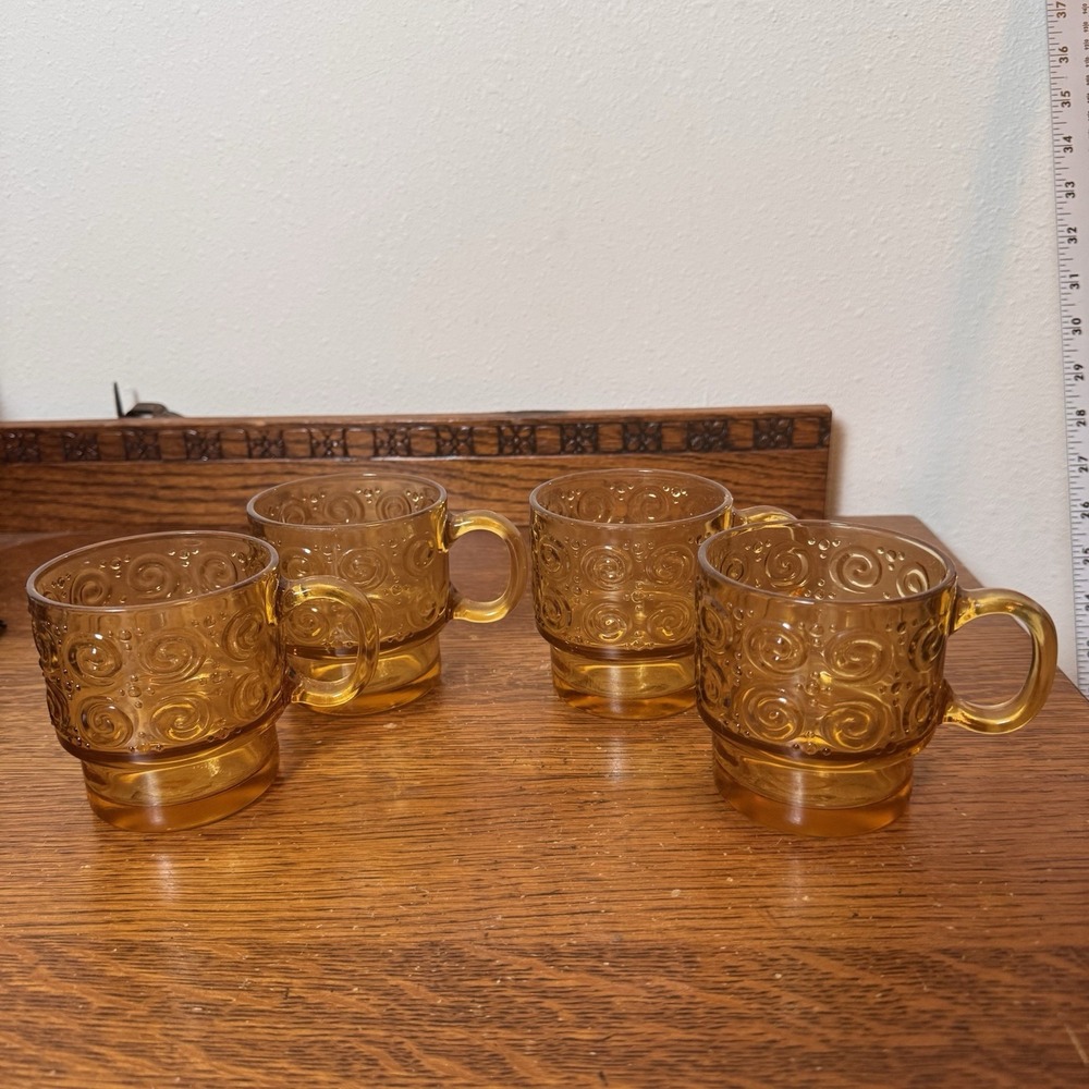 Vintage Amber Glass Mugs Set of 4 Swirl Pattern Stackable Mid Century Retro